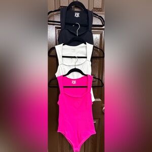 OQQ Ribbed Square Neck Bodysuits Set of 3 - Pink, White, and Black